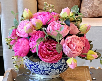Pink Peonies in Blue & White ceramic vase, Faux silk flowers, two tone pink roses centerpiece, real touch artificial arrangement, home decor