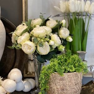 Creamy white Cabbage Roses spray, Off White chartreuse faux flower bouquet, silk roses, artificial stems, DIY floral arrangement, home decor