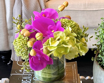 Purple Pink Orchids in glass vase, Faux silk flowers centerpiece, green hydrangea, berry clusters, real touch artificial floral arrangement