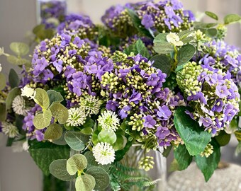 Purple hydrangea bouquet, faux flowers, artificial stems & Plants, blue hydrangea, floral arrangement, spring home decor, purple flowers