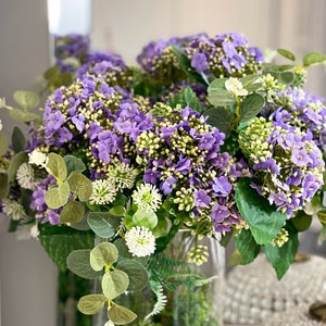 Purple hydrangea bouquet, faux flowers, artificial stems & Plants, blue hydrangea, floral arrangement, spring home decor, purple flowers