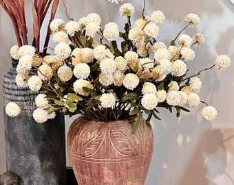 Fall chrysanthemum flowers, creamy white artificial faux autumn flowers, round flowers, warm taupe, modern floral arrangement, home decor