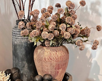 coffee brown chrysanthemum flowers, artificial faux autumn flowers, round flowers, warm taupe, modern floral arrangement, home decor