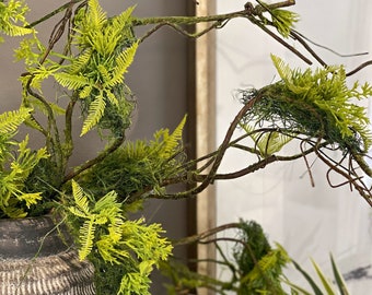 Moss Vine Tree branches, moss and ferns covered roots, artificial greenery, DIY flower arrangement, green faux plant leaves, home decor