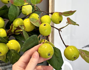 Faux green apples tree branches, artificial wild apple fruits, faux Plants, green Leaves, DIY floral arrangement, home decor greenery