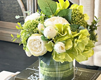 White roses in glass vase, Faux silk flowers centerpiece, green hydrangea, berry clusters, real touch artificial floral arrangement decor