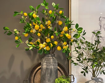 Faux lemon tree branches, artificial yellow fruits, faux Plants & white flowers, green Leaves, DIY floral arrangement, home decor fruits