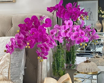 Deep pink orchid stems, Large & luxurious artificial fuchsia faux flowers, modern floral arrangement, hot pink butterfly Orchids, home decor