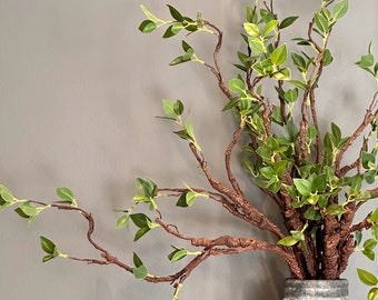 Banyan tree branches, artificial greenery, green foliage, brown bendable branches, DIY flower arrangement, faux plant, home decor