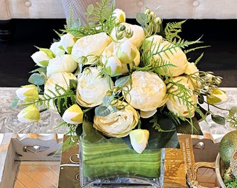 White roses centerpiece in square glass vase, modern Faux flowers, silk cream peonies and green ferns, modern floral arrangement, home decor