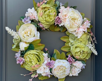 Peony Wreath, Faux silk flowers, green & creamy white peonies, mauve purple roses, pink hydrangea, front door decor, floral wreath