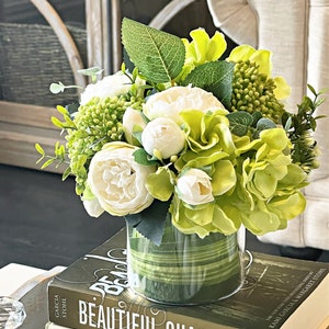 White roses in glass vase, Faux silk flowers centerpiece, green hydrangea, berry clusters, real touch artificial floral arrangement decor