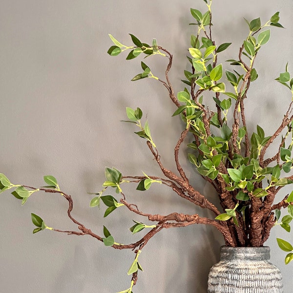 Banyan tree branches, artificial greenery, green foliage, brown bendable branches, DIY flower arrangement, faux plant, home decor