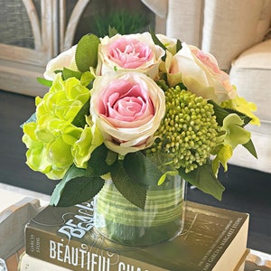 Pink roses in glass vase, Faux silk flowers centerpiece, green hydrangea, berry clusters, greenery, real touch artificial floral arrangement