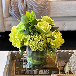 Green centerpiece in glass vase, roses, hydrangeas, berries & ficus Faux silk flowers centrepiece, artificial floral arrangement, home decor