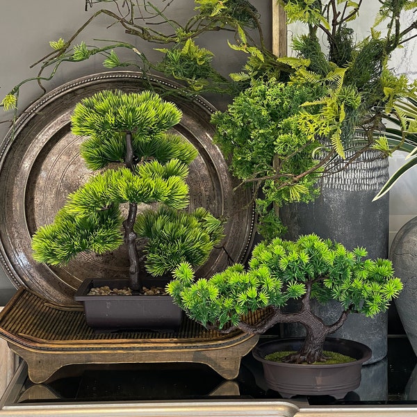 Bonsai tree, artificial greenery, decorative Japanese home decor accent, faux plant design, miniature green tree in pot, potted bonsai