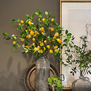 Faux lemon tree branches, artificial yellow fruits, faux Plants & white flowers, green Leaves, DIY floral arrangement, home decor fruits