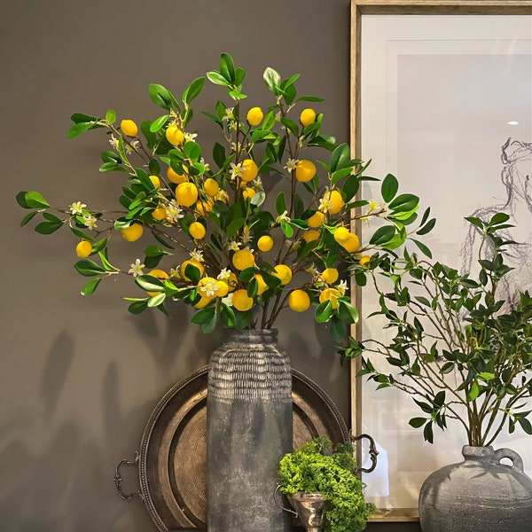 Faux lemon tree branches, artificial yellow fruits, faux Plants & white flowers, green Leaves, DIY floral arrangement, home decor fruits