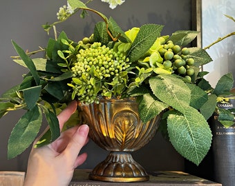 Green Faux flowers centerpiece in gold iron vase, silk hydrangea, berry clusters & greenery, real touch artificial floral arrangement decor