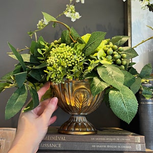 Green Faux flowers centerpiece in gold iron vase, silk hydrangea, berry clusters & greenery, real touch artificial floral arrangement decor
