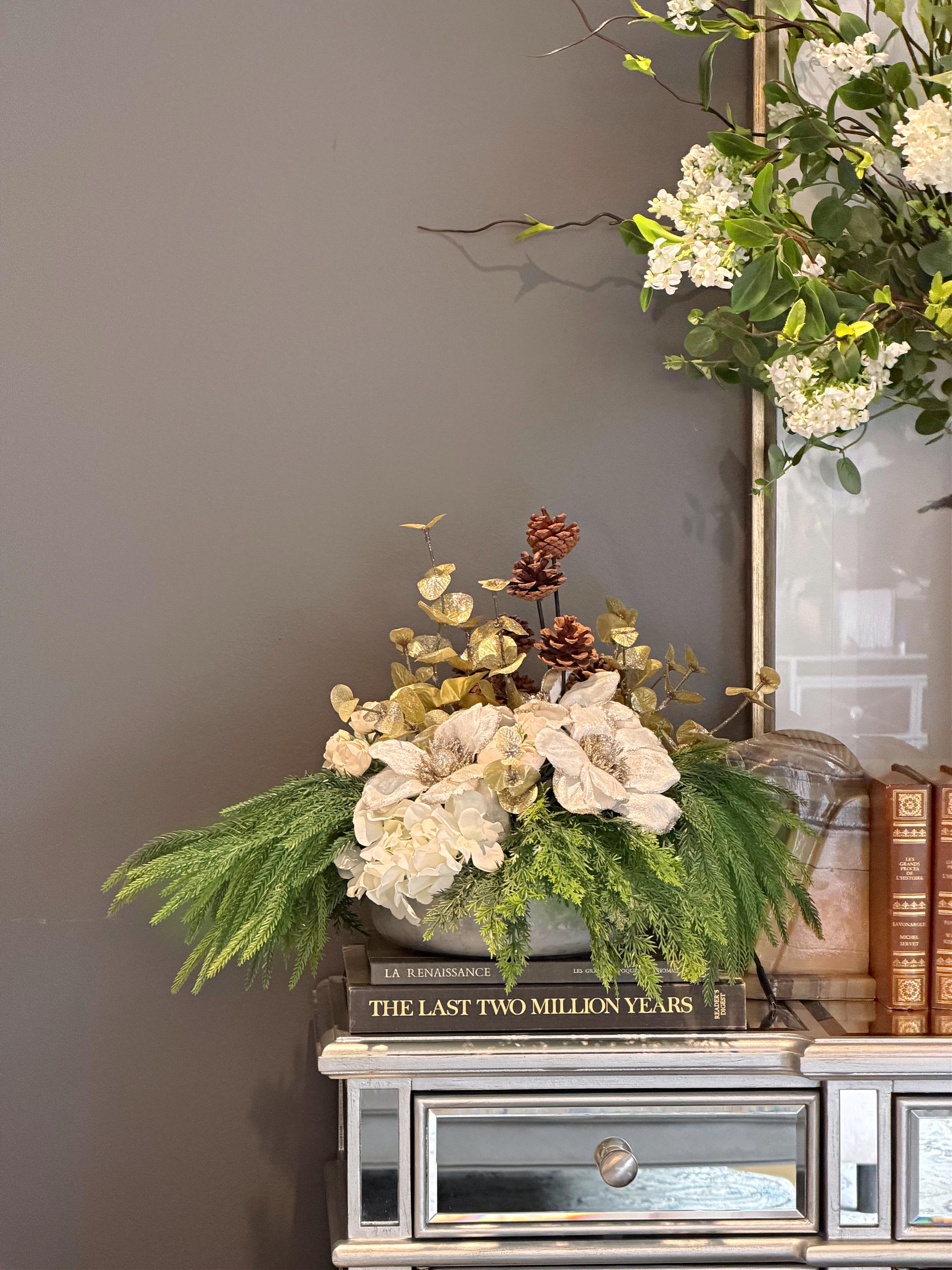 30 Beautiful Christmas Flower Arrangements for a Blooming Holiday: Festive Floral Ideas to Brighten Your Home 24 Christmas floral centerpiece, Creamy white sparkly Velvet…