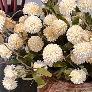 May include: A close-up of a floral arrangement featuring cream-colored, spherical flowers with green leaves. The flowers are arranged in a decorative, textured, brown vase. The arrangement is a natural, decorative element.