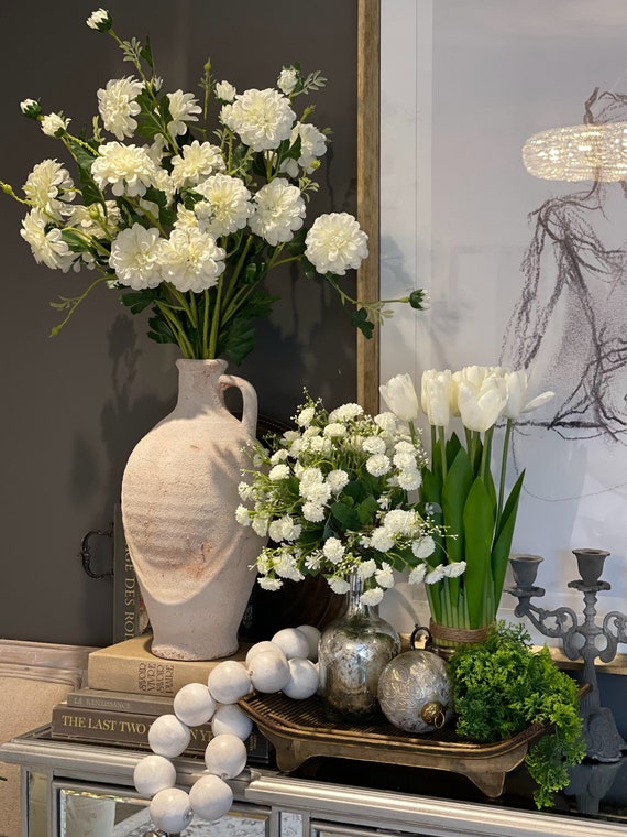 White Dahlia Flowers, Faux Flower Stems, Artificial Dahlias, Faux Plants,  Green Leaves, Wedding DIY, Modern Floral Arrangement, Home Decor 