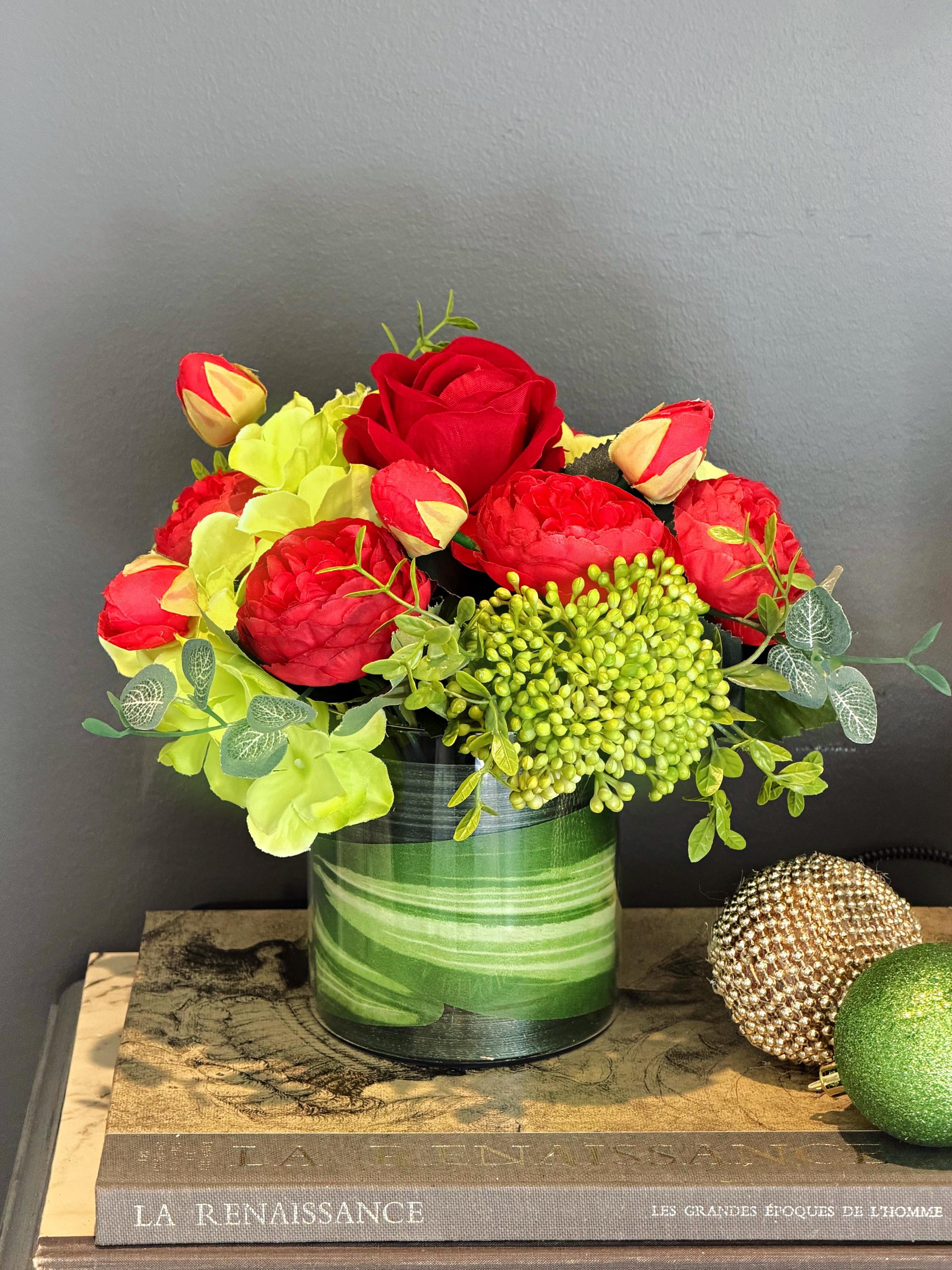 30 Beautiful Christmas Flower Arrangements for a Blooming Holiday: Festive Floral Ideas to Brighten Your Home 2 Christmas floral centerpiece, Red silk peonies, roses, green berries…
