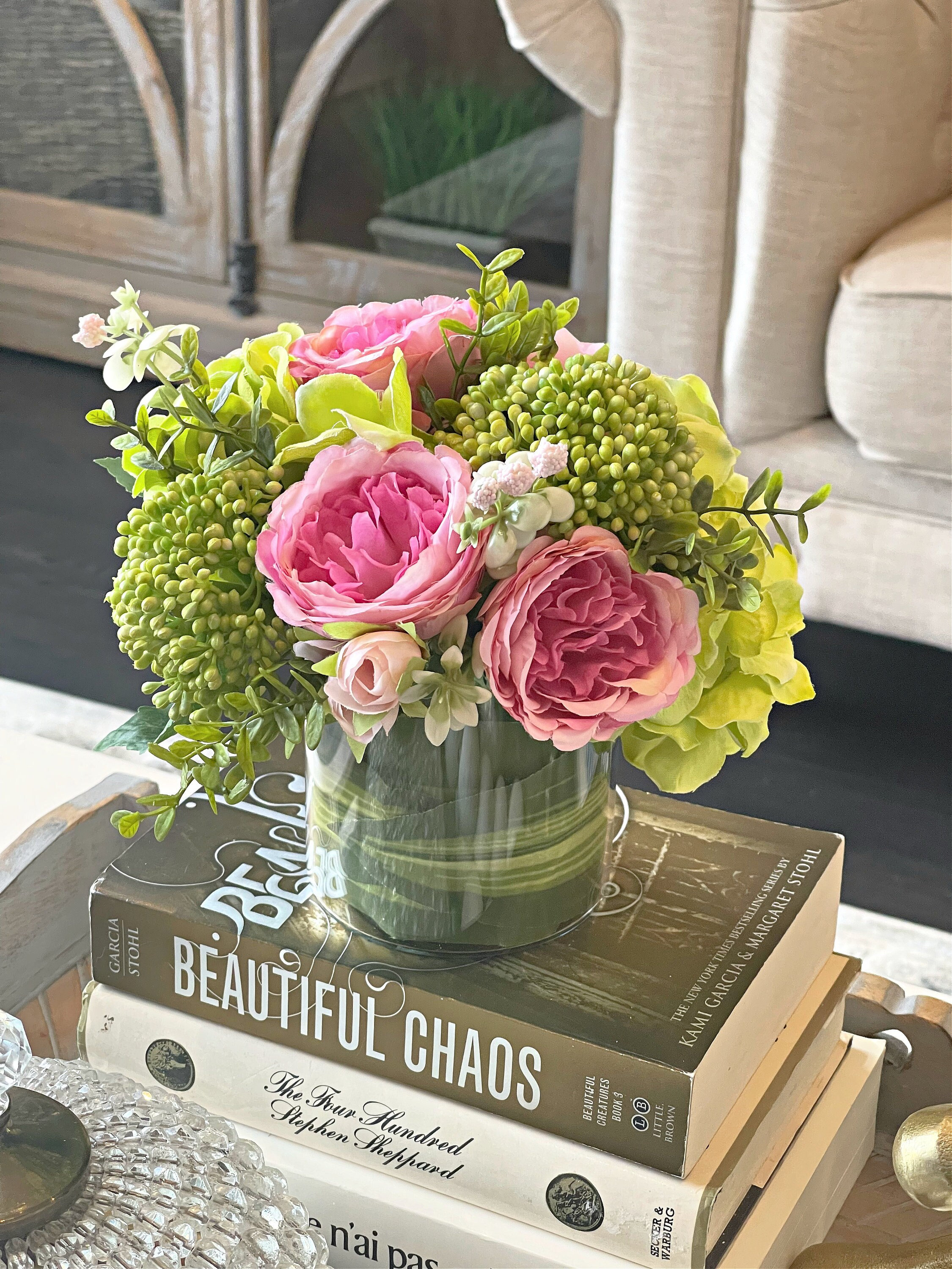 Pink Roses in Glass Vase, Faux Silk Flowers Centerpiece, Green Hydrangea,  Berry Clusters, Greenery, Real Touch Artificial Floral Arrangement - Etsy, image size:2250x3000