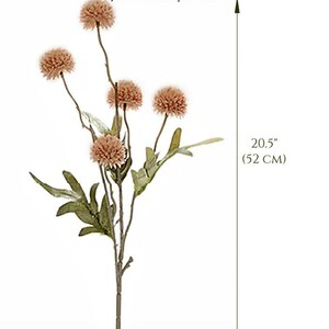 May include: A single artificial flower branch with five peach-colored flower heads and green leaves. The branch is 20.5 inches (52 cm) long. Text on the image reads: "PRICED PER ONE BRANCH AS SHOWN HERE" and "5 flower heads per branch."
