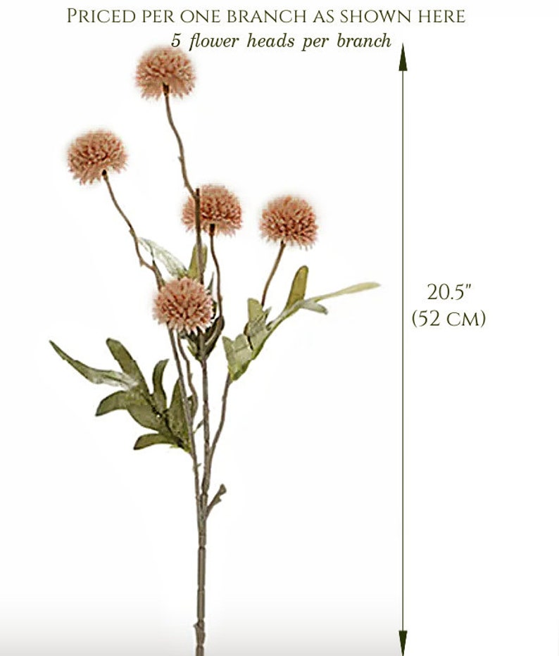 May include: A single artificial flower branch with five peach-colored flower heads and green leaves. The branch is 20.5 inches (52 cm) long. Text on the image reads: "PRICED PER ONE BRANCH AS SHOWN HERE" and "5 flower heads per branch."