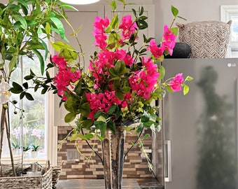 Pink Bougainvillea in Antique Silver Vase, Faux Silk Flowers, Tall