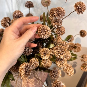 May include: A bouquet of dried, spherical, tan-colored flowers with green leaves. The flowers are arranged in a decorative, textured vase. The arrangement is set against a neutral background, creating a natural, earthy aesthetic.