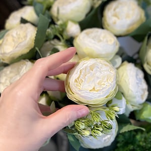 Creamy white Cabbage Roses spray, Off White chartreuse faux flower bouquet, silk roses, artificial stems, DIY floral arrangement, home decor