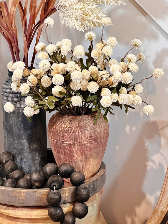 Fall chrysanthemum flowers, creamy white artificial faux autumn flowers, round flowers, warm taupe, modern floral arrangement, home decor