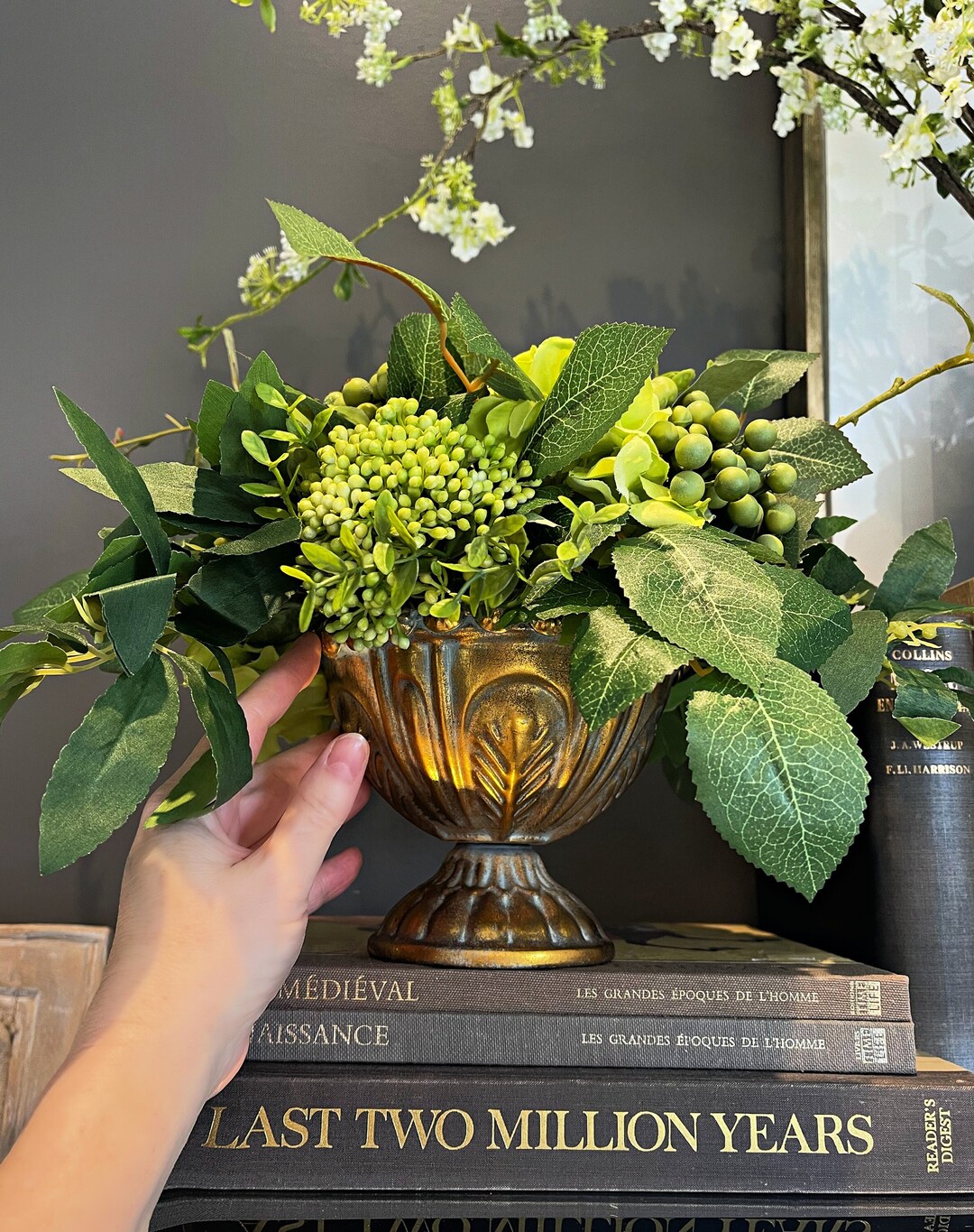 Green Faux Flowers Centerpiece in Gold Iron Vase, Silk Hydrangea, Berry