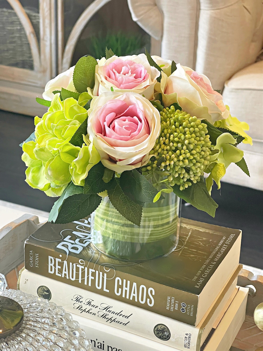 Pink Roses in Glass Vase, Faux Silk Flowers Centerpiece, Green ...