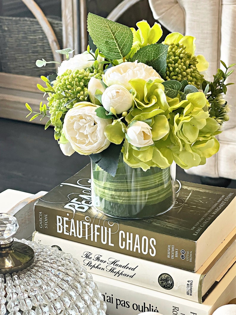 White peonies in glass vase, Faux silk flowers centerpiece, green hydrangea, berry clusters, real touch artificial floral arrangement decor