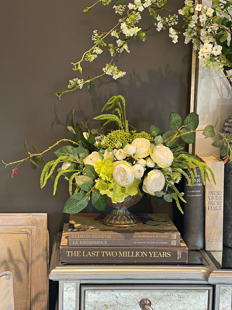 White Roses Centerpiece in Gold Iron Vase Faux Flowers Silk Etsy