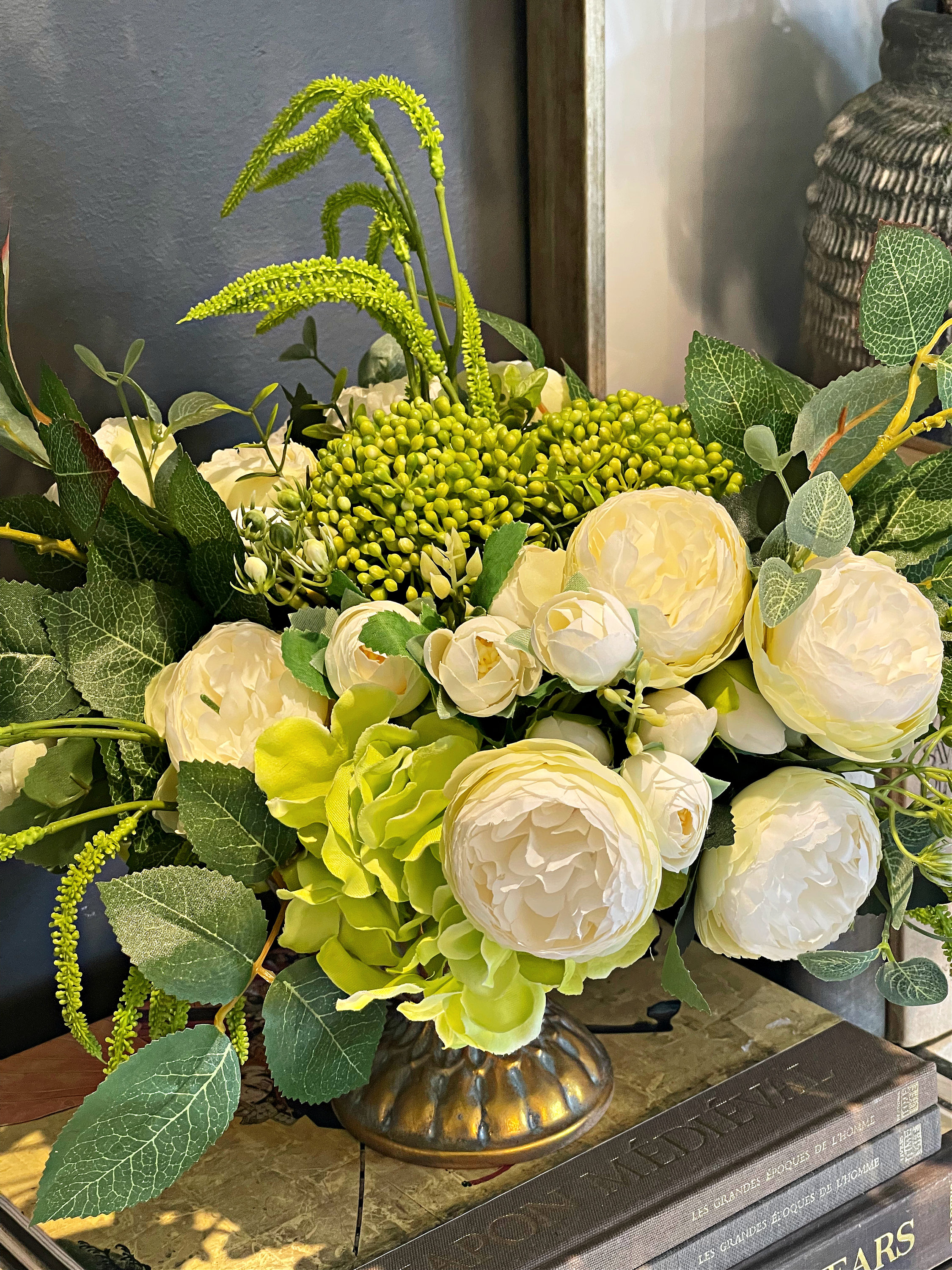 White Roses Centerpiece in Gold Iron Vase Faux Flowers Silk Etsy