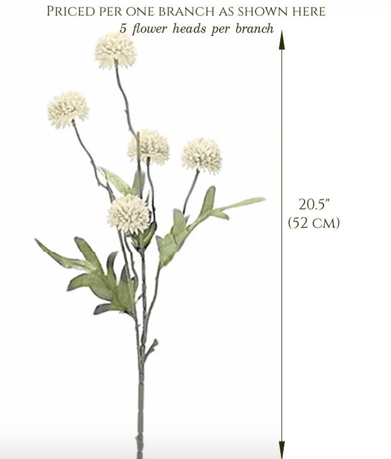May include: A single artificial flower branch with five cream-colored flower heads and green leaves. The branch is 20.5 inches (52 cm) long. Text on the image reads "PRICED PER ONE BRANCH AS SHOWN HERE" and "5 flower heads per branch."