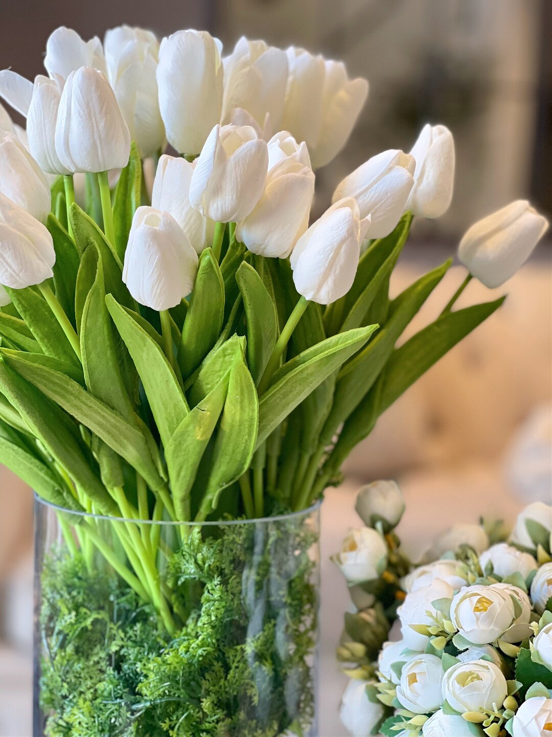 White Tulips, Faux Flowers, Artificial Tulip Stems, Faux Plants, Green
