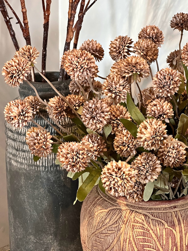 May include: A close-up of a floral arrangement featuring brown, spherical flowers with green leaves. The flowers are in a decorative, textured vase. Dark brown branches are in a dark green vase behind the flowers. The background is a white wall.