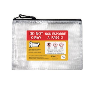May include: A clear, zippered pouch with a black zipper and trim. The pouch has a red and yellow label with the text "DO NOT X-RAY" and "CONTAINS ISO 200-3200 FILM". The pouch is designed to protect film.