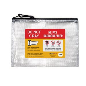 May include: A clear, zippered pouch with a black zipper and trim. A red and yellow label reads "DO NOT X-RAY" and "NE PAS RADIOGRAPHIER". The label also contains text about film sensitivity and ISO 200-3200 film.