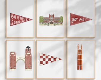 Set University of Oklahoma, OU Decor, College Camus Art, Oklahoma Sooners, ou Graduation, ou Prints, OU Dorm Decor, OU Football Stadium