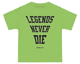 May include: A lime green short-sleeved t-shirt with the text "LEGENDS NEVER DIE" in black. The text "KIMONTE 2022" is printed in smaller black text below the main text.