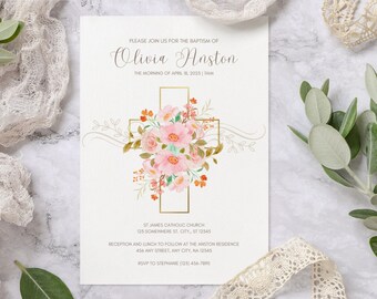 Catholic Baptism Invitation Template | Christening Invite | Includes 5.5x8.5 & 5x7 Invite Template Sizes | Editable, Printable from Canva