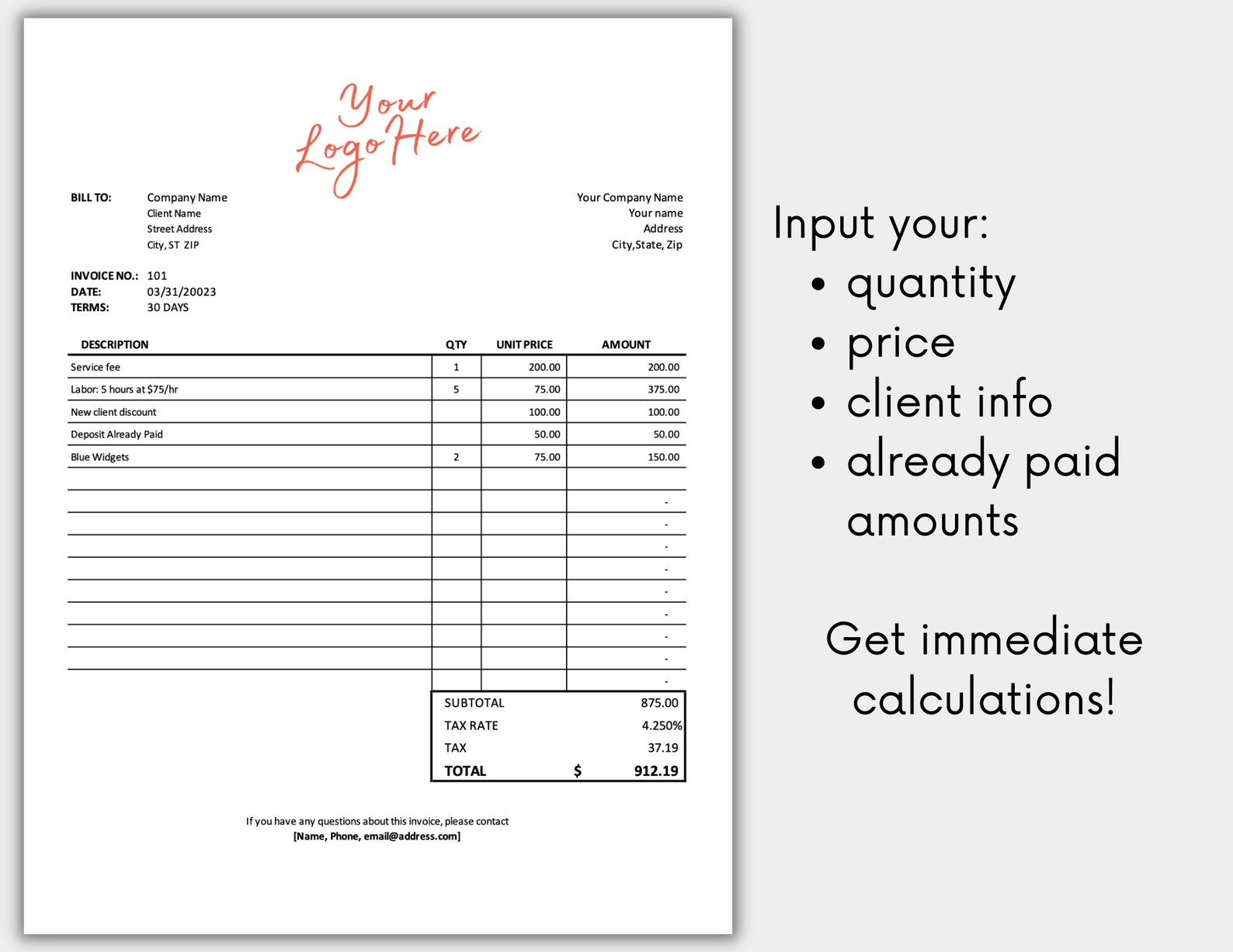 Excel invoice template formulas invoice spreadsheet with excel