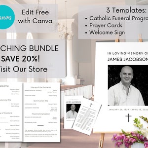 Ensemble de modèles de funérailles catholiques | Design moderne et épuré | Comprend une carte de prière assortie, un programme funéraire pliable et un panneau de bienvenue.